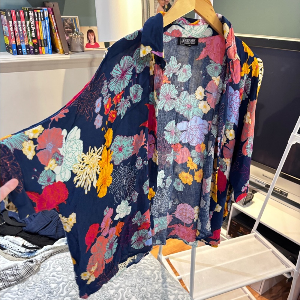 Floral Open Kimono Cardigan - Navy with Multicolor Blooms
